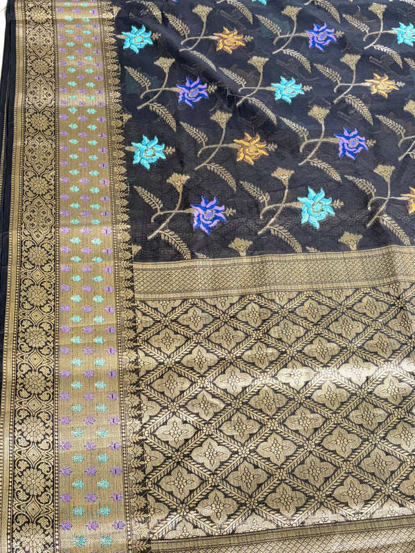 The Midnight Bloom: Black Banarasi Chanderi Saree with Meenakari Florals