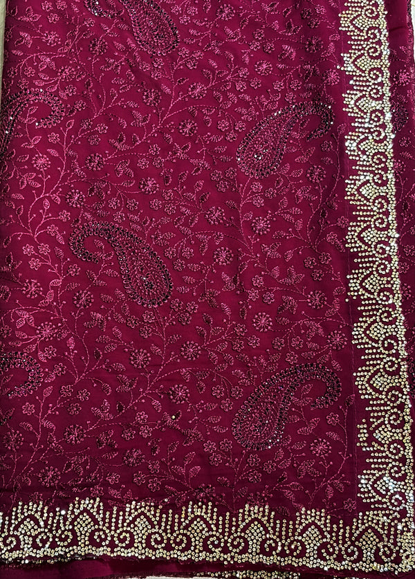The Royal Vineyard: Deep WineSaree with Allover Chikankari Work