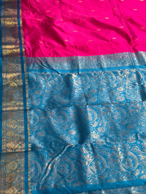 The Magenta Muse: Rani Pink Silk Saree with Cerulean Blue Korvai Border