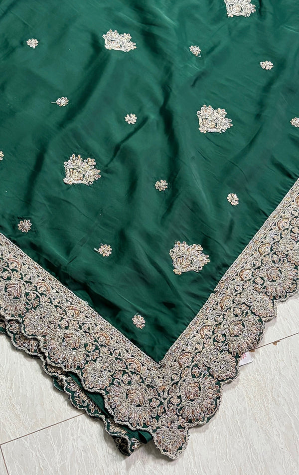 The Emerald Empress: Forest Green Silk Saree with Silver Gotapatti & Zardosi Work