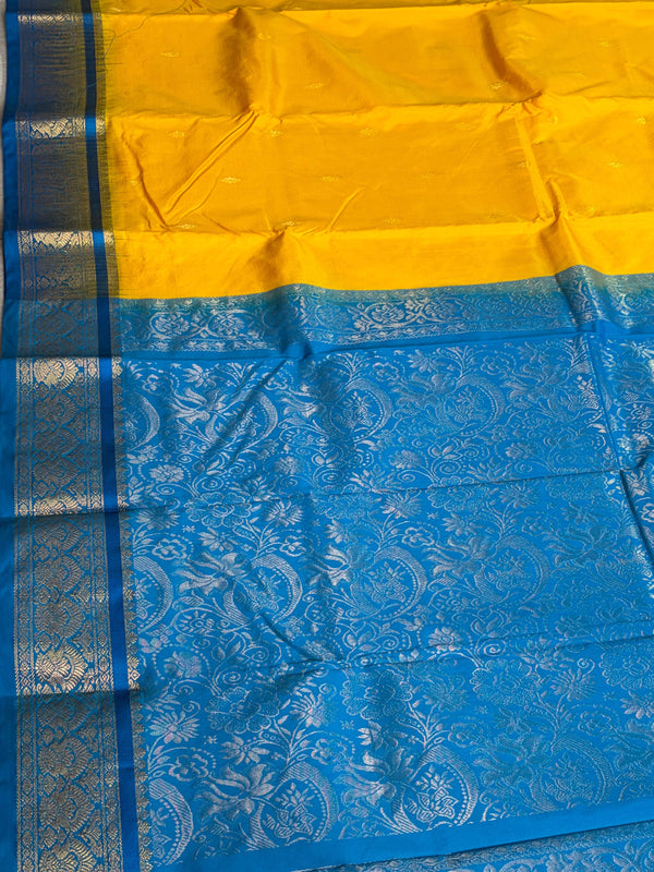 The Summer Sun: Lemon Yellow Silk Saree with Cerulean Blue Border