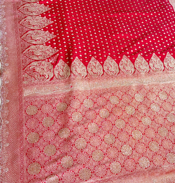 The Banarasi Bandhan: Crimson Red Silk Saree with Khaddi-Style Border