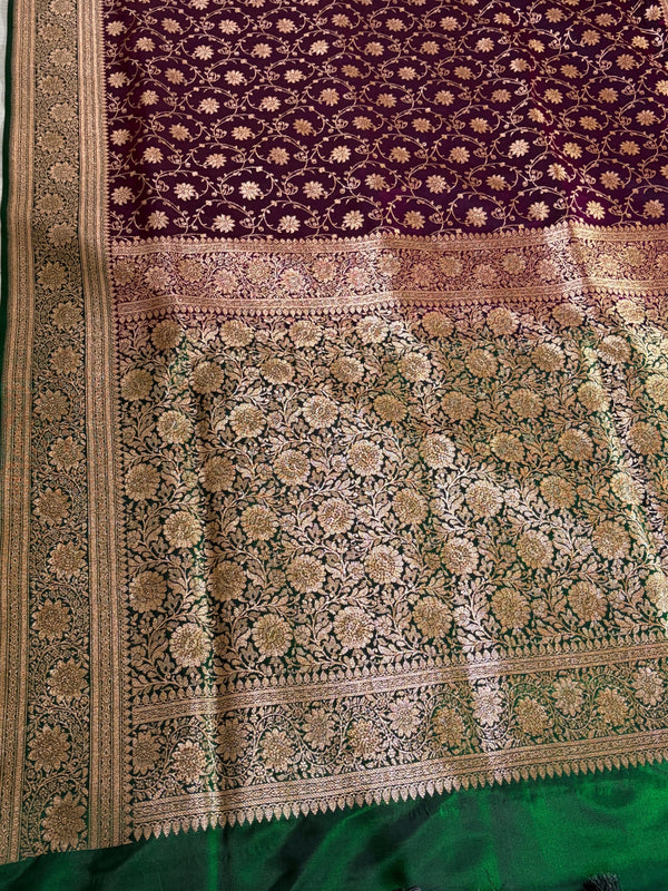 The Crimson Forest: Maroon Geisha Silk Saree with Emerald Green Contrast