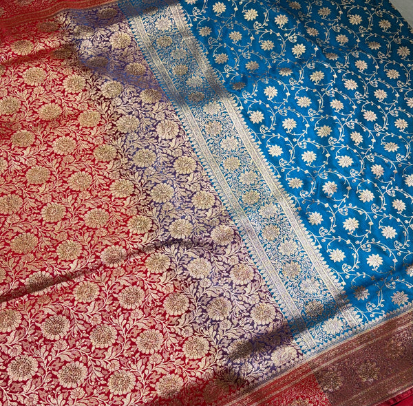 The Royal Azure: Teal Blue Silk Saree with Crimson Red Contrast