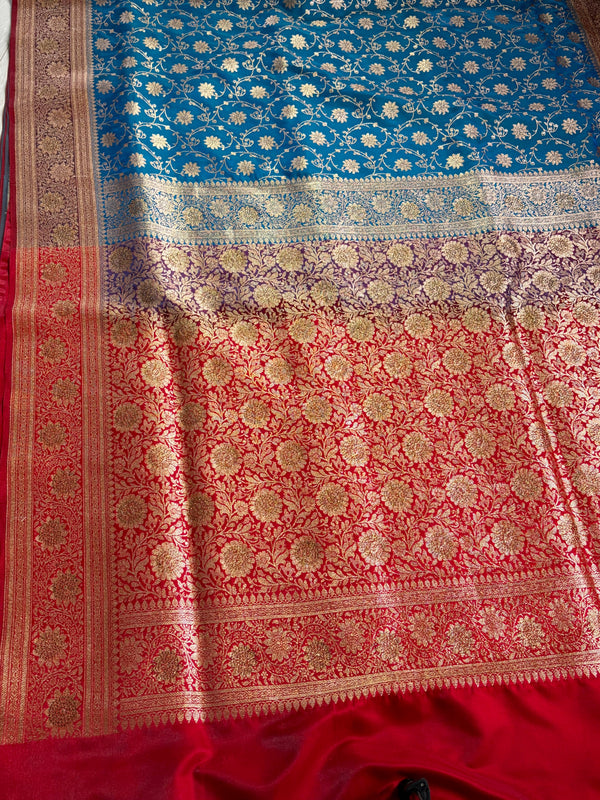 The Royal Azure: Teal Blue Silk Saree with Crimson Red Contrast