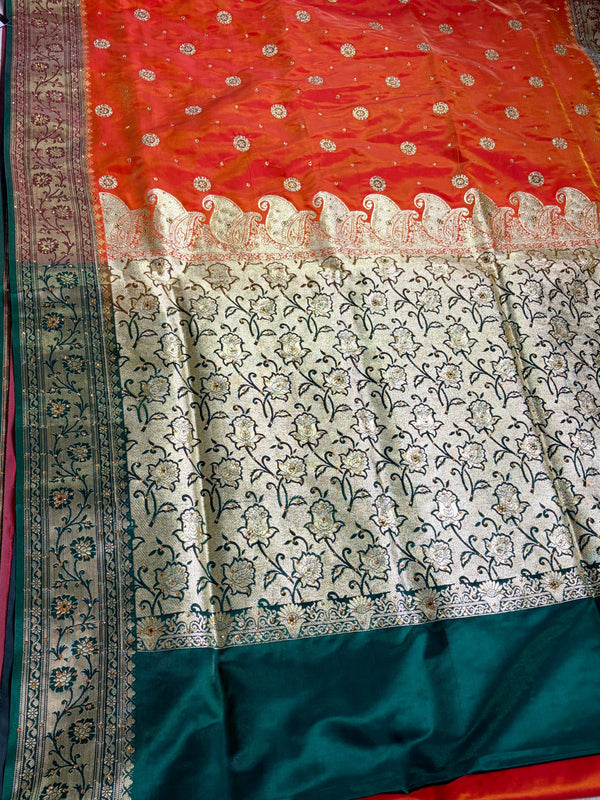 The Marigold Grove: Rust Orange Silk Saree with Forest Green Contrast
