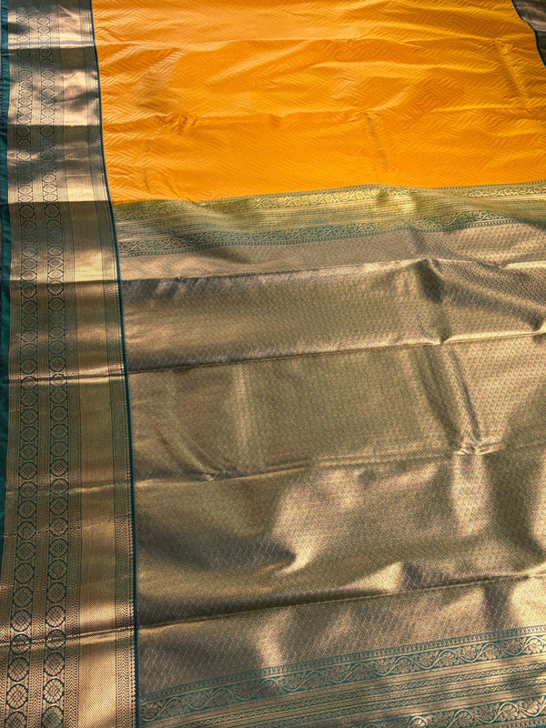The Golden Meadow: Mustard Yellow Silk Saree with Forest Green Contrast