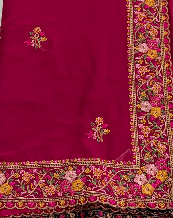 The Midnight Rose: Deep Pink Silk with Botanical Embroidery