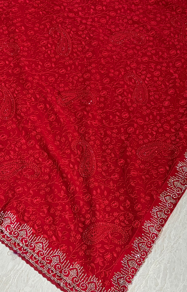 The Scarlet Symphony: Crimson Georgette Saree with Allover Chikankari & Swarovski diamond border