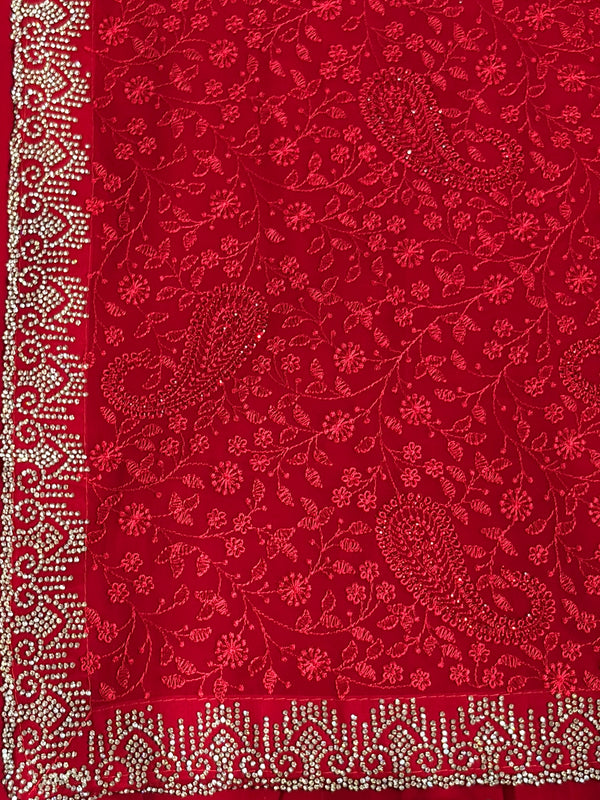 The Scarlet Symphony: Crimson Georgette Saree with Allover Chikankari & Swarovski diamond border