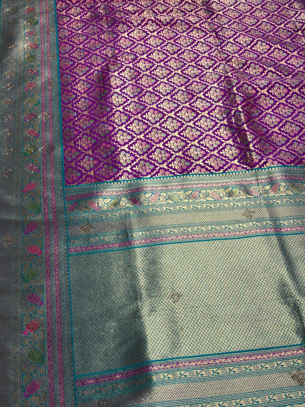 The Royal Amethyst: Purple Silk Saree with Teal-Green Korvai Border