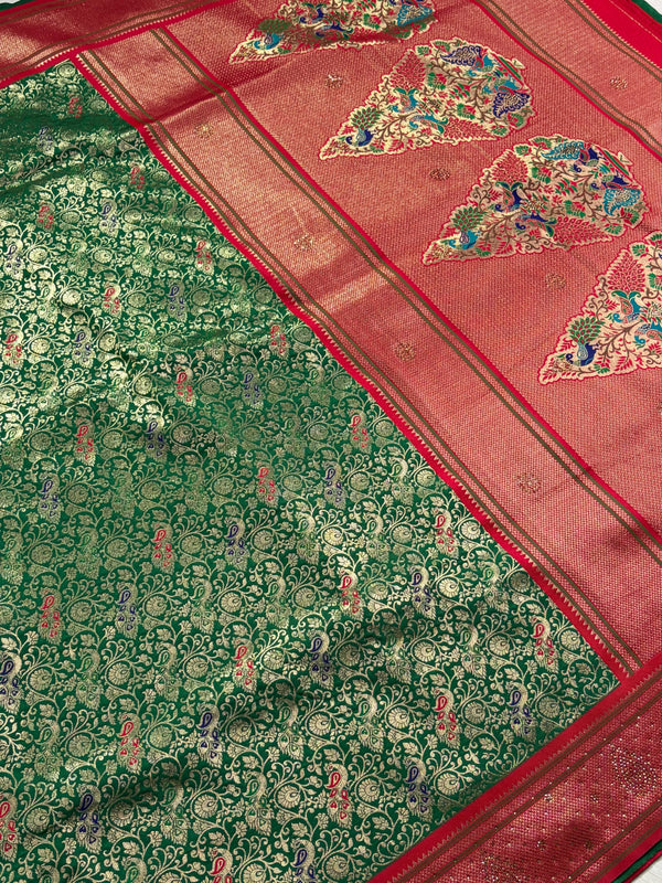 The Verdant Heritage: Emerald Green Silk Saree with Crimson Bridal Border