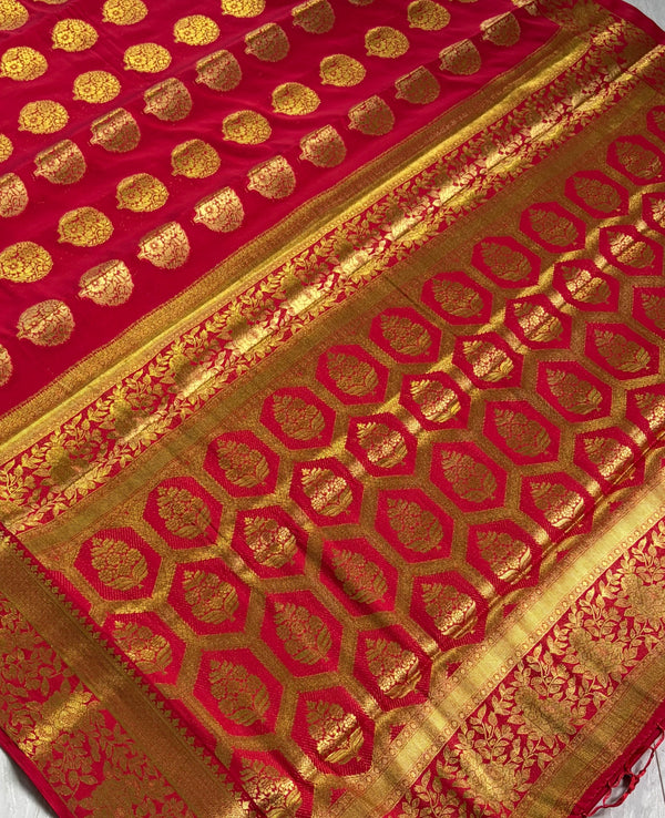 The Radiant Crimson: Red Crepe Silk Saree with Gold Zari Honeycomb Pallu