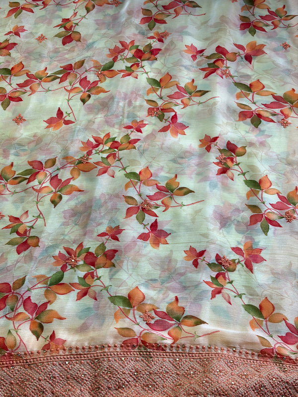 The Autumn Glow: Yellow Georgette Saree with Amber Floral Prints