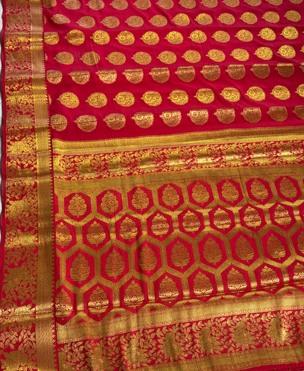 The Radiant Crimson: Red Crepe Silk Saree with Gold Zari Honeycomb Pallu