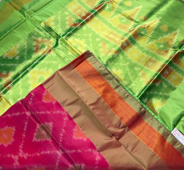 The Ikat Heritage: Rani Pink Silk Saree with Lime Green Patola Pallu