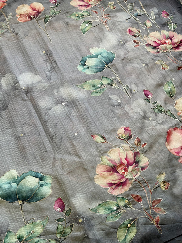 Grey floral linen saree :The perfect blend of edge and elegance.