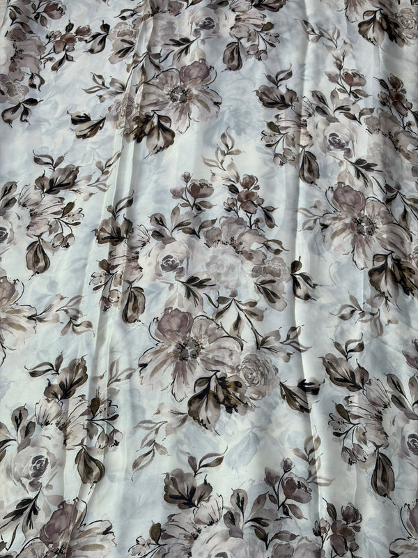 The Ivory Iris: Cream Georgette Saree with Sepia Floral Prints