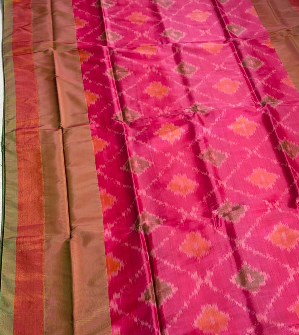 The Ikat Heritage: Rani Pink Silk Saree with Lime Green Patola Pallu