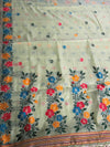 The Meadow Muse: Seafoam Green Handloom Saree with Multi-Color Phulkari-Style border