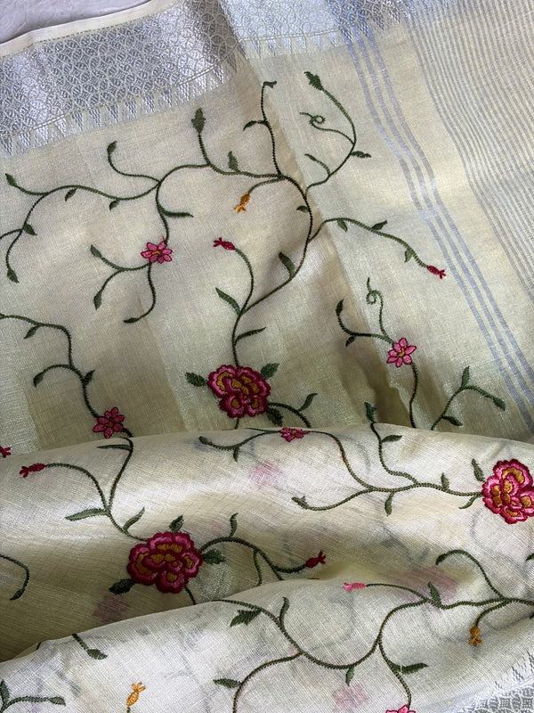 Light yellow cotton saree with intricate full jaal design for a vibrant traditional look. 💛✨