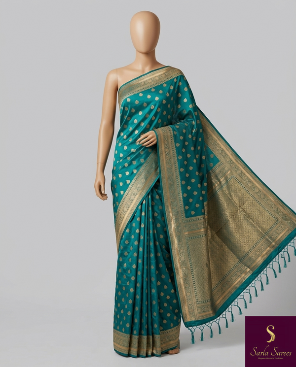 Stunning peacock blue saree with a rich gold border — bold, elegant, and timeless