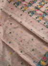Soft pink linen saree with a charming floral border — light, fresh, and elegant