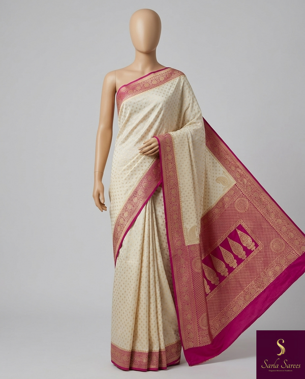 Elegant cream Banarasi saree with a pink border — timeless, graceful, and regal.