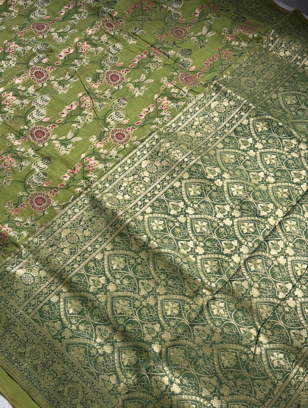 The Moss Harmony: Olive Green Silk Saree with Full Floral Jaal