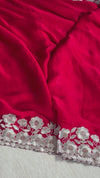 The Scarlet Rose: Crimson Red Georgette Saree with Ornate Floral Scalloped Border