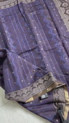 The Midnight Lattice: Deep Indigo Pure Cotton Saree with Monochrome Tribal Borders