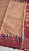 The Amber Ikat Temple: Warm Peach Tussar Linen Silk Saree with Crimson Zari Border
