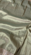 The Sage Luminary: Metallic Sage Green Silk Tissue Saree with Silver Lace Border