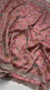The Pastel Meadow: Nude Peach Drape with Scalloped Borders & Multi-Color Floral Hand-Embroidery