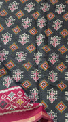 The Midnight Ikat: Charcoal Black Mul Mul Cotton Saree with Madder Red Panelled Pallu