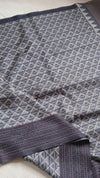 The Slate Lattice: Mineral Grey Pure Linen Saree with Geometric Weave & Temple Pallu