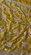 The Chartreuse Whim: Olive Mustard Georgette Saree with Scalloped Borders & Cherry Blossom Hand-Embroidery