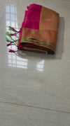 The Magenta Glow: Rani Pink Satin Silk Saree with Olive-Accent Zari Border & Temple Buttis