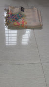 The Mayura Glade: Beige Tussar Silk Linen Saree with Hand-Painted Peacock Motifs