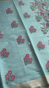 The Seafoam Orchard: Sage Green Linen Silk Saree with Antique Gold Border