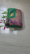 The Monsoon Glow: Mint Emerald Satin Silk Saree with Magenta Contrast & Tree-of-Life Buttis