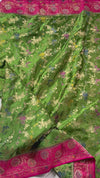 The Meadow Garland: Leaf Green Silk Saree with Ornate Pink Floral Brocade